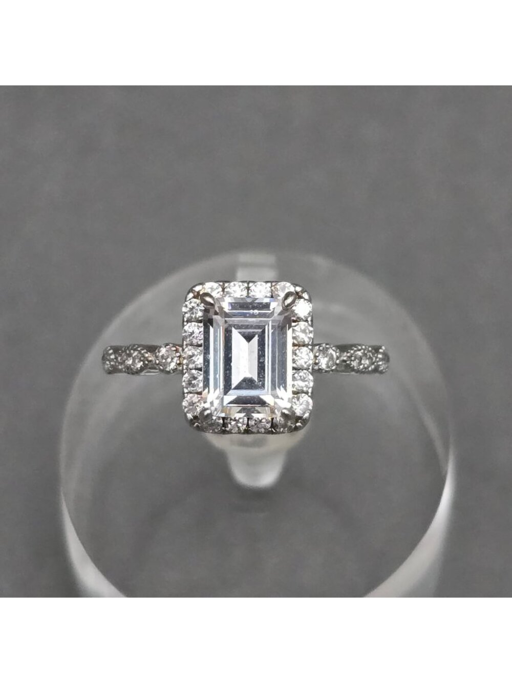 Emerald Cut Halo CZ Statement Ring Sterling Silver Prong Set Size 7.5 Cocktail - Picture 1 of 14